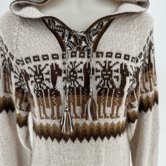 Artesania Eden Hoodie Fringe Aztec Sweater Size Large Beige Alpaca Made in Peru - Picture 2 of 9